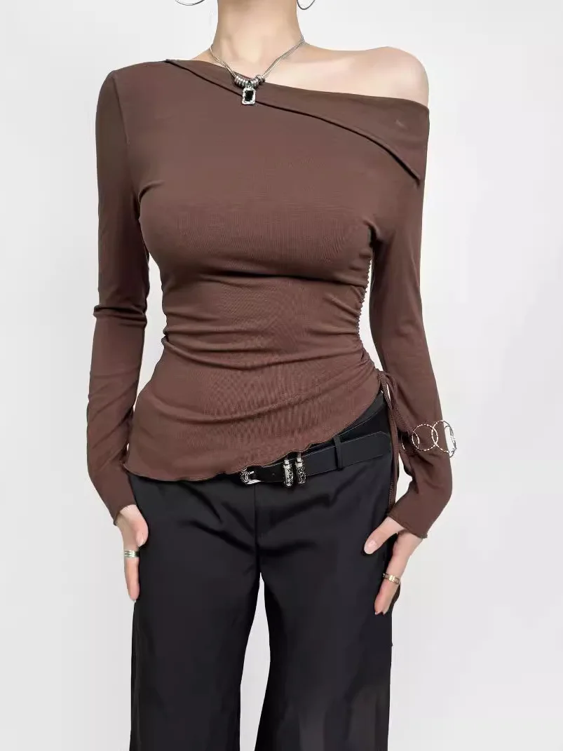 Ontwerp 2024 herfst gevoel schuif hals off shoulder lange mouw trui vrouwen cinching taille effen slanke casual veelzijdige top 45 MH
