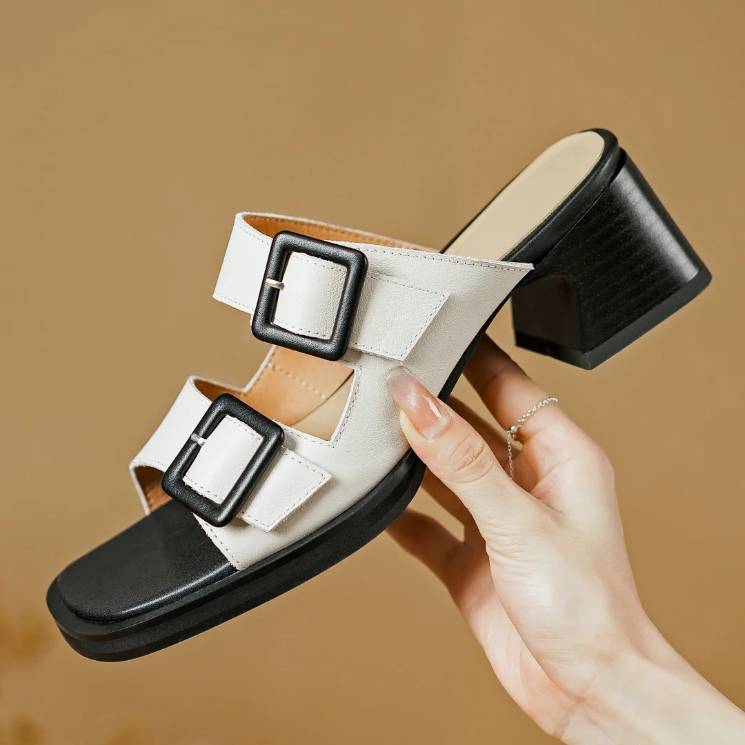 Women's genuine leather double metal buckle slip-on summer slides open toe 4.5cm thick med heel elegant ladies heeled sandals