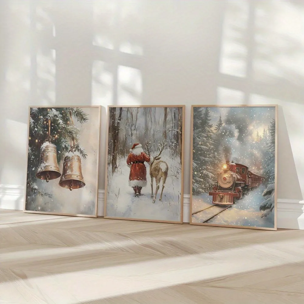 3pcs Frameless Retro Christmas Prints,Winter Landscape Wall Art,Snowy Forest Posters,Santa Claus Reindeer,Farmhouse Wall Decor
