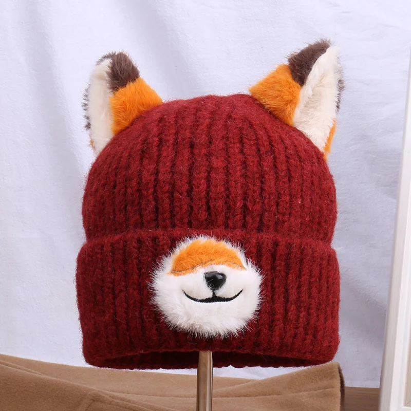 

Cartoon Animal Ear Hat Fox Ears Beanie Double Layer Knit Warm Winter Cap Wiht Lining for Unisex Outdoor Cute Cosplay Headwear