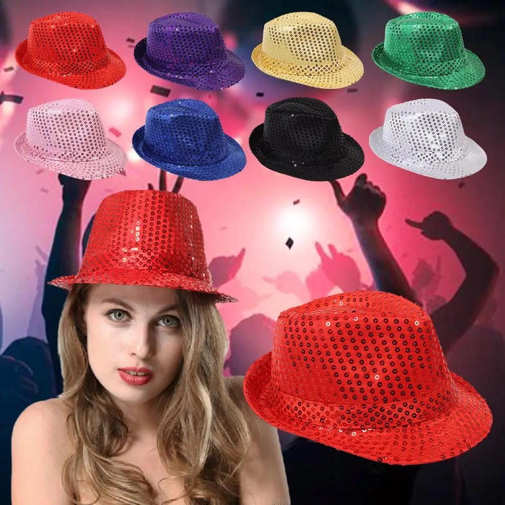 Sombrero de Jazz con lentejuelas brillantes para hombre y mujer, gorros de vaquero con purpurina, accesorio de juego de rol, espectáculo de baile, Hip Hop, cuentas brillantes para fiesta y actuación, L8G5