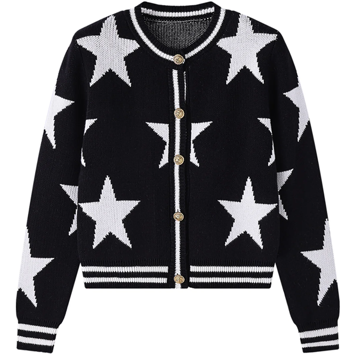 

Black Star Jacquard Gold Button Knitted Cardigan Sweater Women's Spring Autumn 2025 New Arrival Cropped Design Knit Outerwear