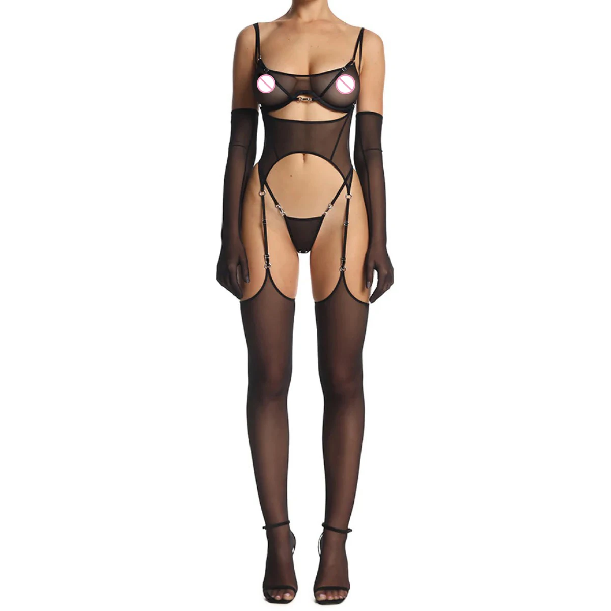 

Sexy See-through Mesh Lingerie Set Strappy Bodysuit With Cut Out Garter Belt And Long Gloves Seductive Underwear Teddy