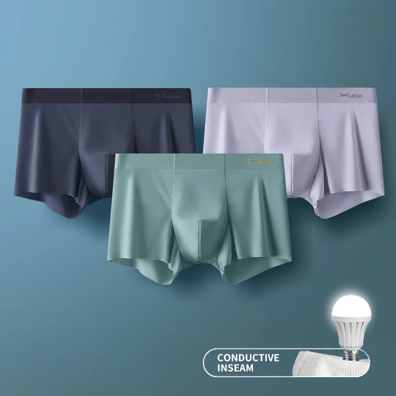 MIIOW 3Pcs Ice Silk Man Underwear Boxer Metal Fiber Antistatic Men Underpants Seamless Cut Hem Men's Panties Boxers Shorts Trunk