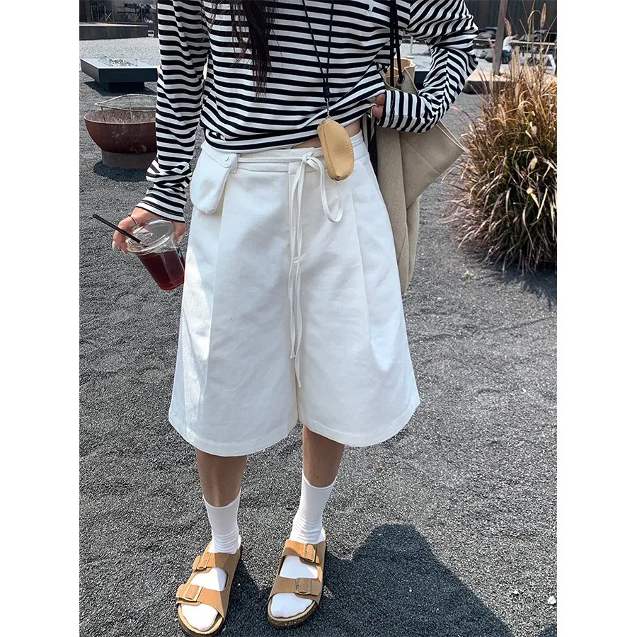 Classic High Waist Wide Leg Jeans orts Women's Summer Loose Feel Pants with Waist Bag Korean Sle Polyester Cotton Blend