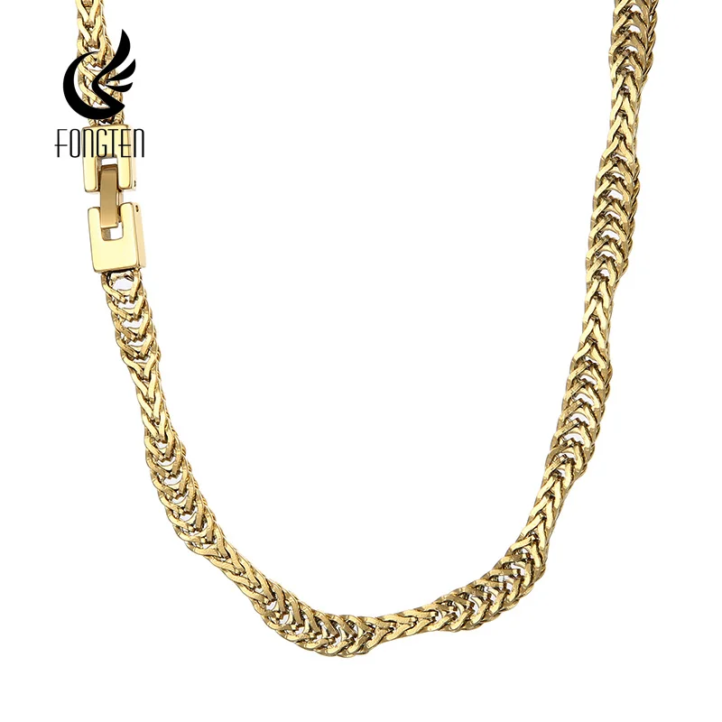 

Fongten 60cm Necklace For Mens Ear of Wheat Stainless Steel Cuban Link Chain Long Necklace Choker Hip Hop Multiple Color Jewelry