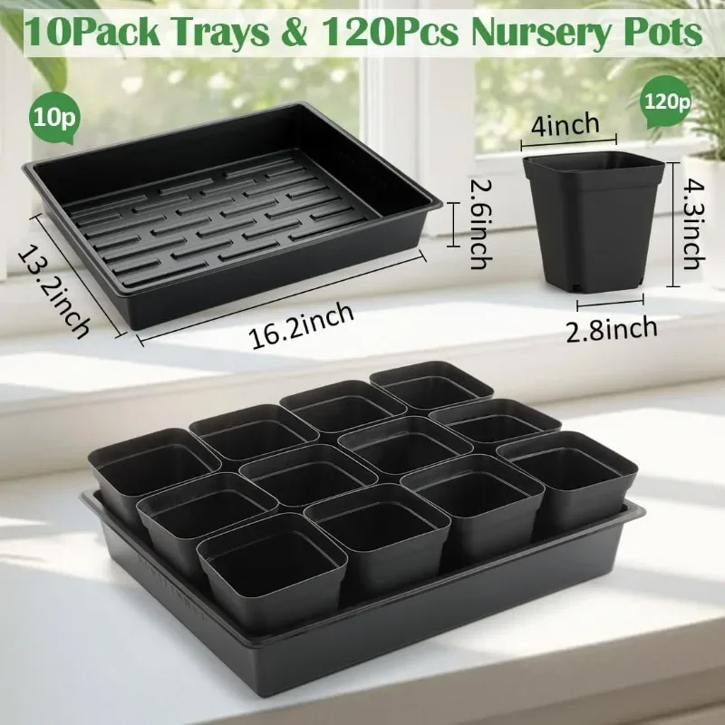 

4 inch (10CM) Square Nursery Pots 120pcs, Sturdy Seedlings Trays 10 Pcs, Seeds Starter Germination Tray