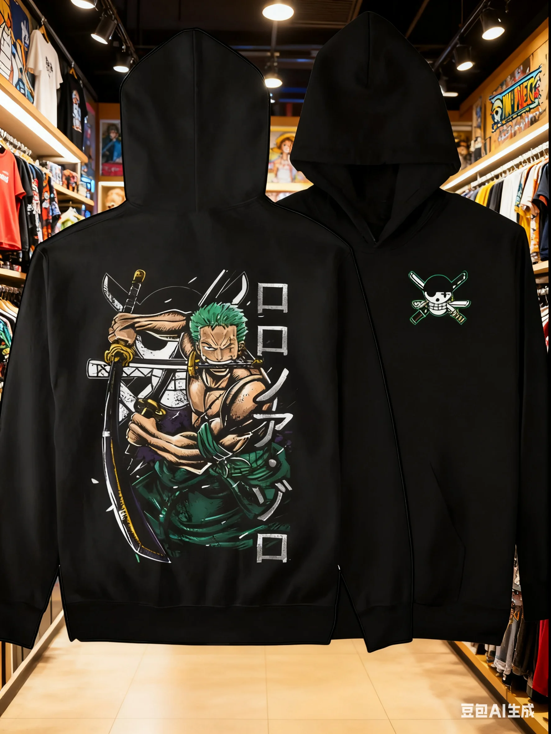 One Piece Anime-Baumwoll-Kapuzenpullover, schwarzer Farbcharakterdruck mit Zoro-Drei-Schwert-Stil, grünes Haar, dynamisches Design auf der Rückseite