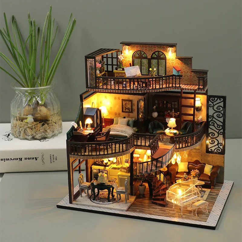 Diorama Wooden Doll House European-style Assembled Cottage Model DIY Handmade 3D Puzzle Assembly Dollhouse Building Model Kits