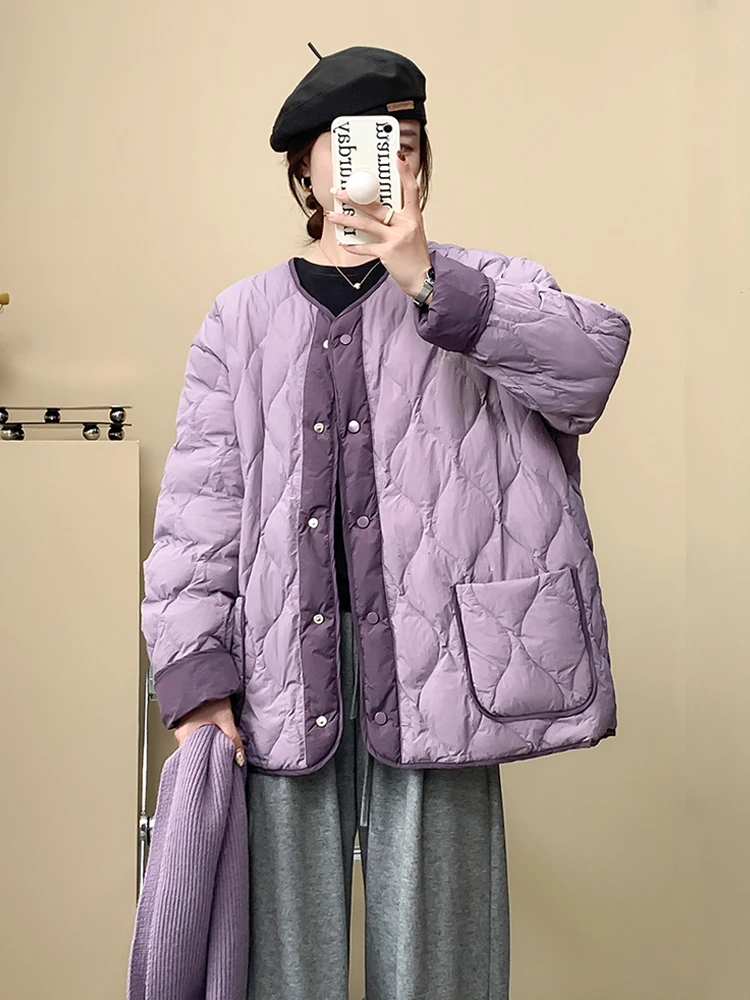 한국 슬레 경량 오트 퍼퍼 재킷 여성용 라운드 네 다운 코트 화이트 듀 페더 루즈핏 겨울 아우터웨어