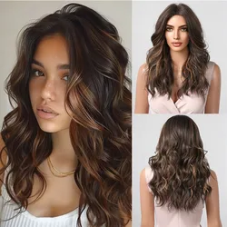 ALAN EATON Brown Highlight Wavy Synthetic Wigs for Women Long Curly Wig Natural Middle Part Hair for Daily Party Heat Resistant