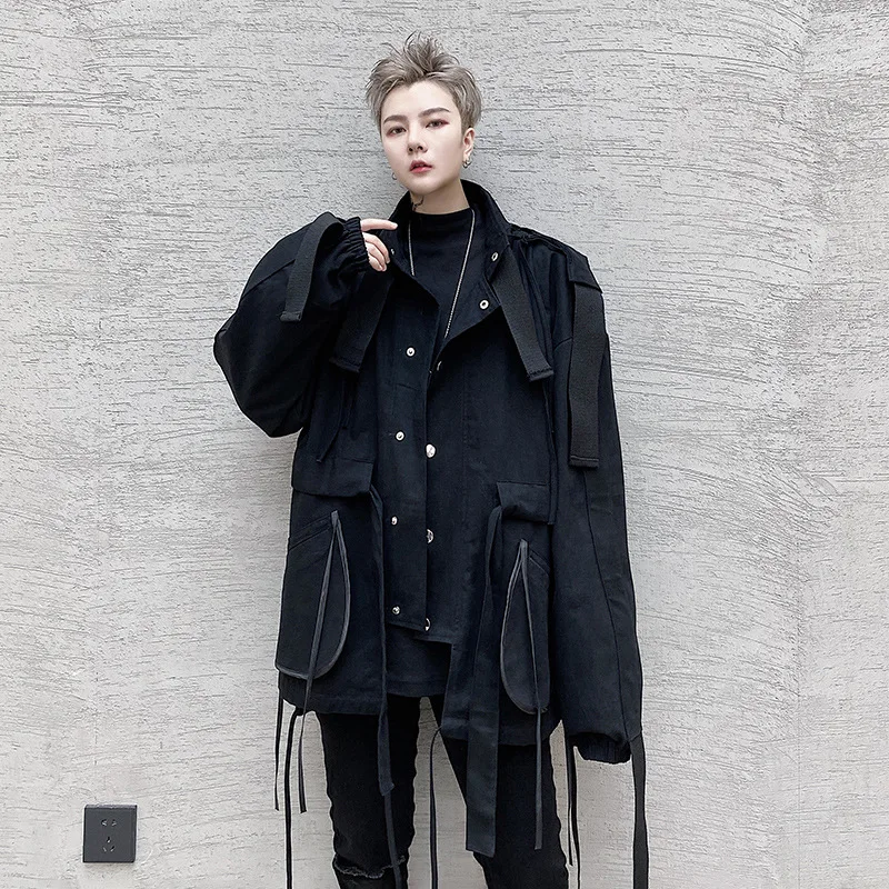 

Autumn And Winter Heavy Industry Tooling Wind Jacket Multi-pocket Large Capacity Ribbon Jacket Fashion High Street Men's Coat
