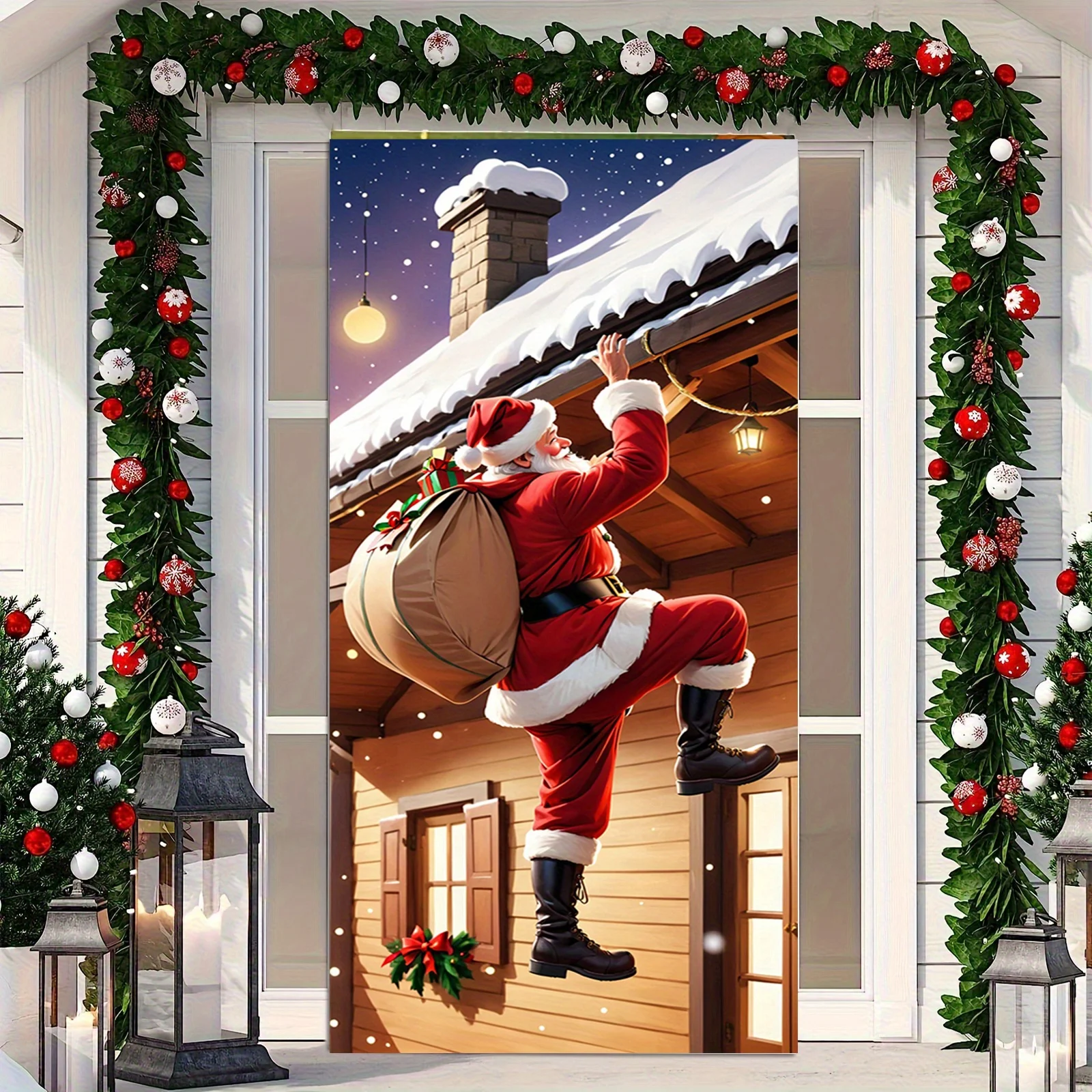 Red and white Christmas tree double door curtain set with Santa roof relief and gift bag design
