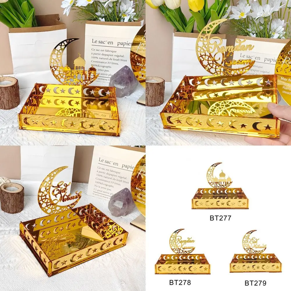 

Acrylic Eid Mubarak Dessert Tray Festival Party Gold Islamic Muslim Ramadan Moon Star Plate Ramadan Kareem Decoration