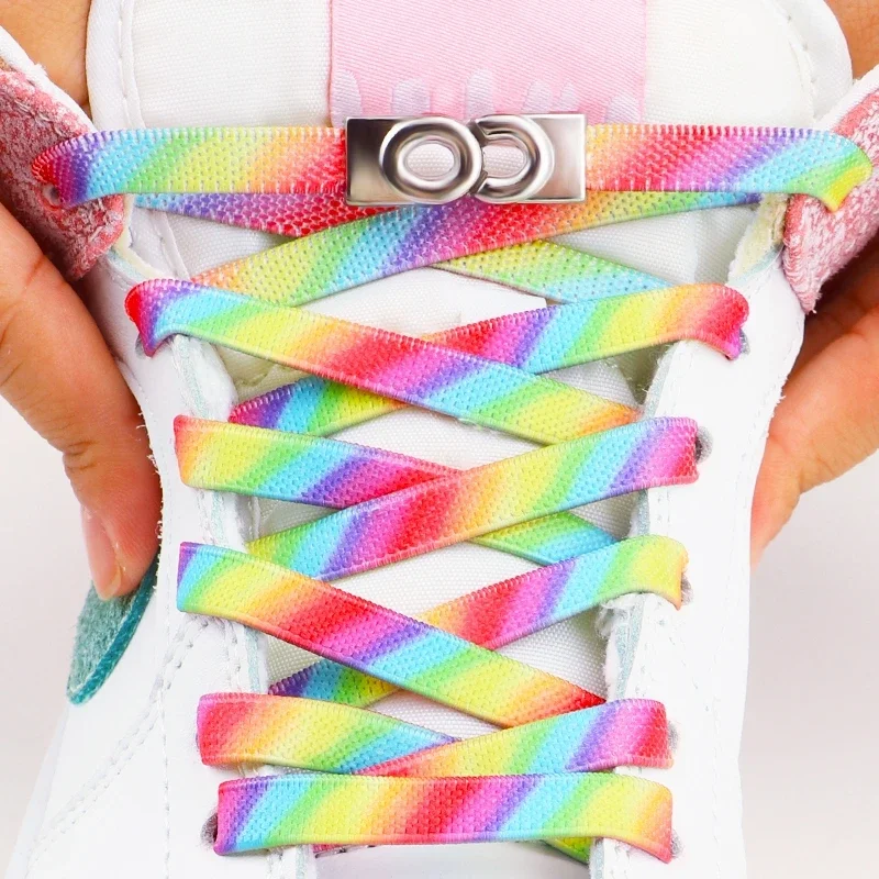 Gradient Rainbow Shoelace No Tie Shoe Laces Metal Buckle Lock Shoelaces Without Ties Elastic Flat Laces Sneakers for Kids Adult