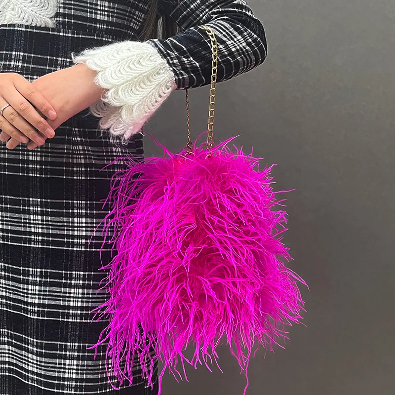 Fluffy Evening Crossbody Ostrich Feather Bags for Women Luxury Brand Purse Handle Handbag Chain Clutch S5459