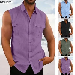 2024 Spring Summer Men's Leisure Cotton Linen Tank Tops Casual Solid Color Buttoned Lapel Sleeveless Vest Shirt Fashion Camisole