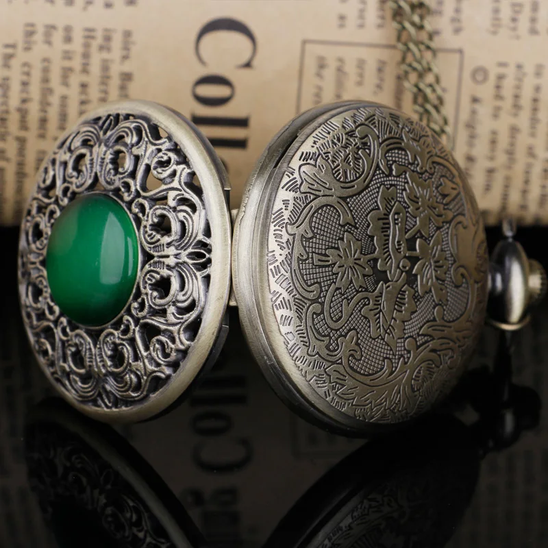 Steampunk hueco verde cristal Esmeralda imitación piedra cuarzo reloj de bolsillo collar mujer Fob reloj joyería colgante cadena