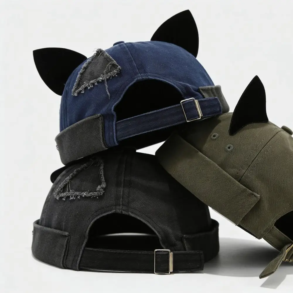 New Fashion Cute Cat Ears Brimless Hat Hip Hop Adjustable Melon Docker Cap Rolled Cuff Solid Color Beanie Hat Worker Wear