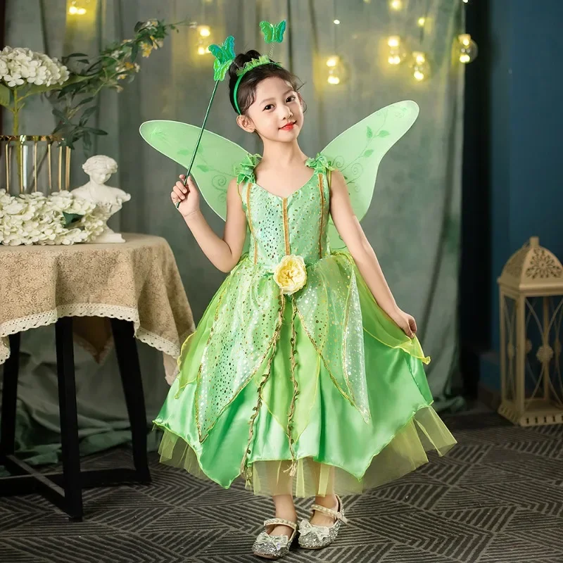 Fancy girls flower fairy dress up kids princess dress wings Halloween princess costume elghome party Tinker Bell Tinkerbell dres