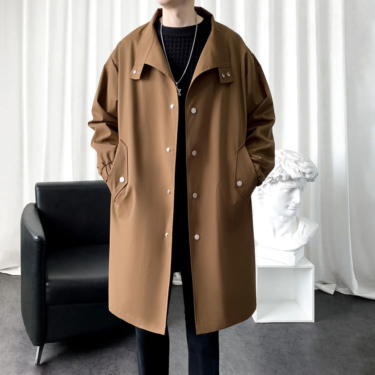 

Trench Y2K Coat Mens Suitable Linen Slim fit Daily Outdoor Spring Lightweight Soft Breathable Khaki Fringe Embroidered Lapel Ins