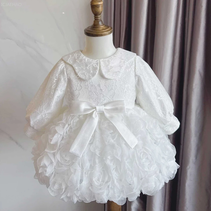 White Girls First Birthday Dress Children Spring Kids Bud Party Gown for First Year Celebration Pageant Formal Evening Costume