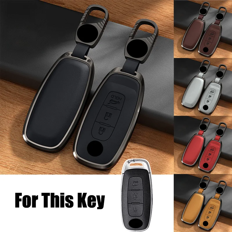 Aluminum Alloy Leather Car Remote Smart Key Fob Case Cover Holder Bag With Keychian For Nissan Rogue Kicks Ariya Pathfinder