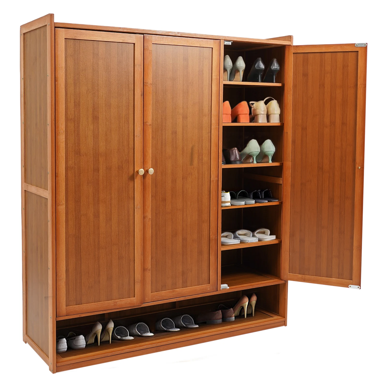 Natural Bamboo Shoe Cabinet 3 Folding Dustproof Doors Hold 30 Pairs Shoes Removable Partition Floor Standing Entryway Storage Organizer