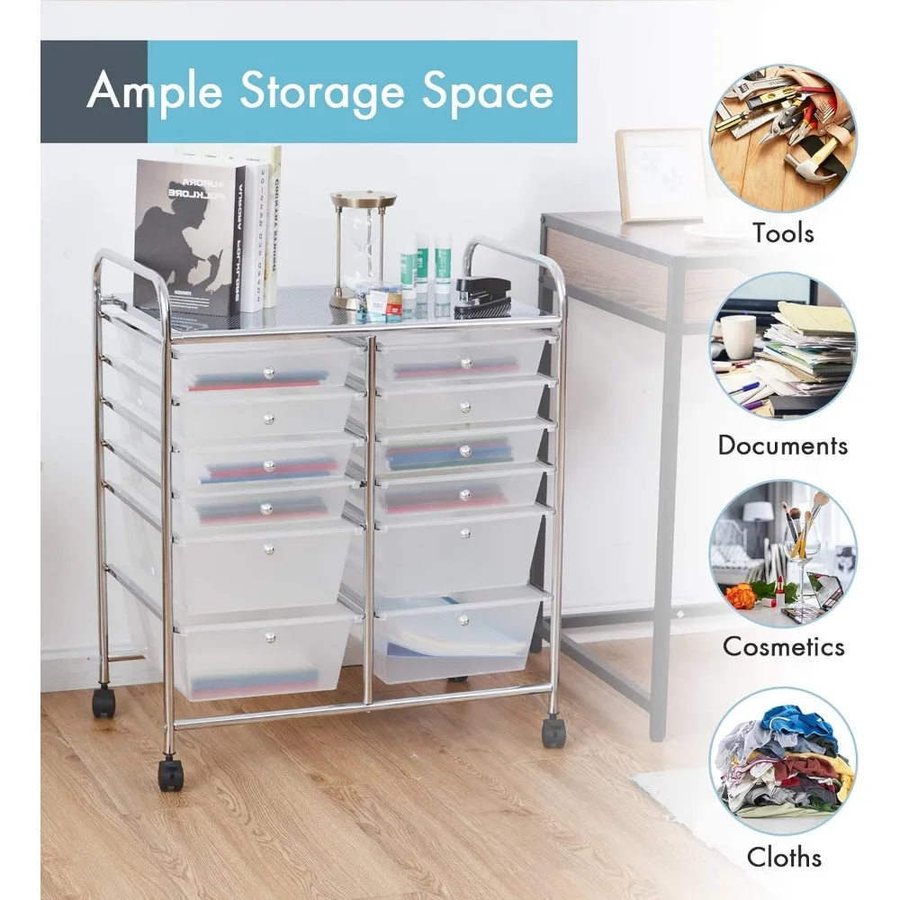 عربة تخزين دوارة ذات سعة كبيرة مع إطار معدني و12 درجًا أملسًا، منظم حرفي على عجلات للتخزين الفعال