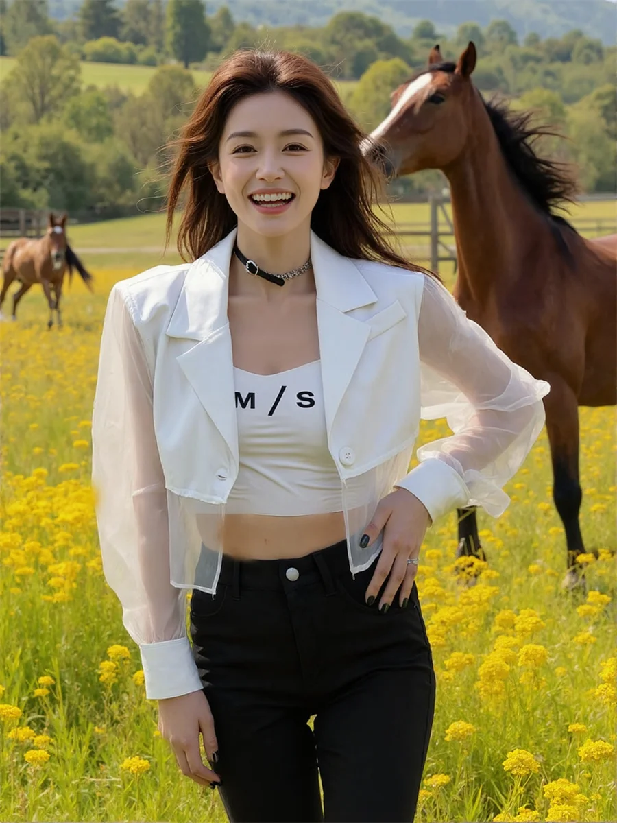 Sonnenschutz, verkürzte, durchsichtige Blazer mit Rückenschlitz für Damen mit Designs, Kleidung für Damen, hochwertige Wollmischung, gelbe Baumwolle, OL-Rosa