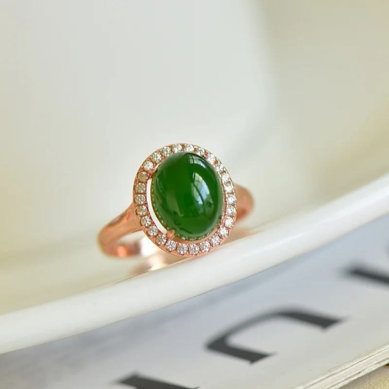 S925 silver inlaid Hetian jade , new model with dark green cabochon ring