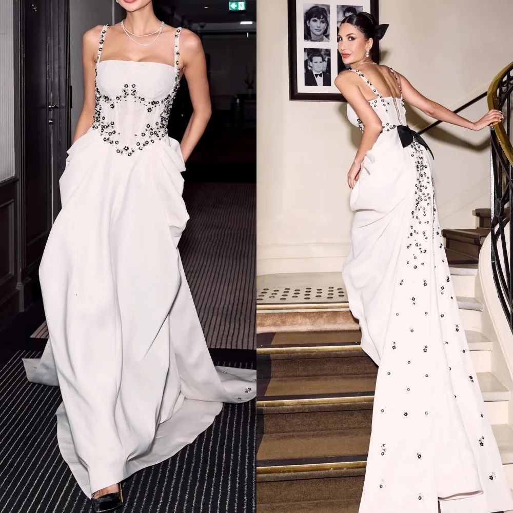 

Customized Sparkle Jersey Beading Sequined Flower Draped A-line Square Neck Long Dresses Bespoke Occasion Dresses High Quality