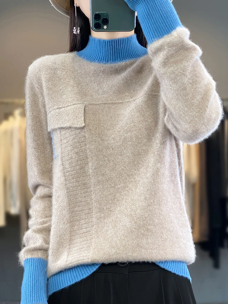 

Addonee 2024 New Spring Autumn Mock Neck Color Contrast Design Soft Pullove 100% Merino Wool Knitted Women Long-Sleeved Sweater