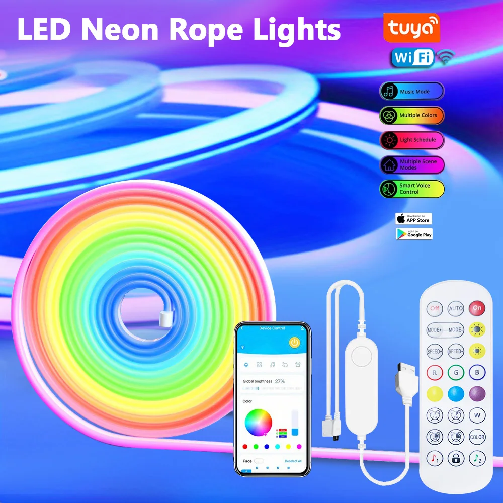 1-5M RGB Neon LED Strip Lights Tuya App Control 16Colors Dimmable DIY Waterproof Flexible Ribbon Tape Neon Lights for Room Deco