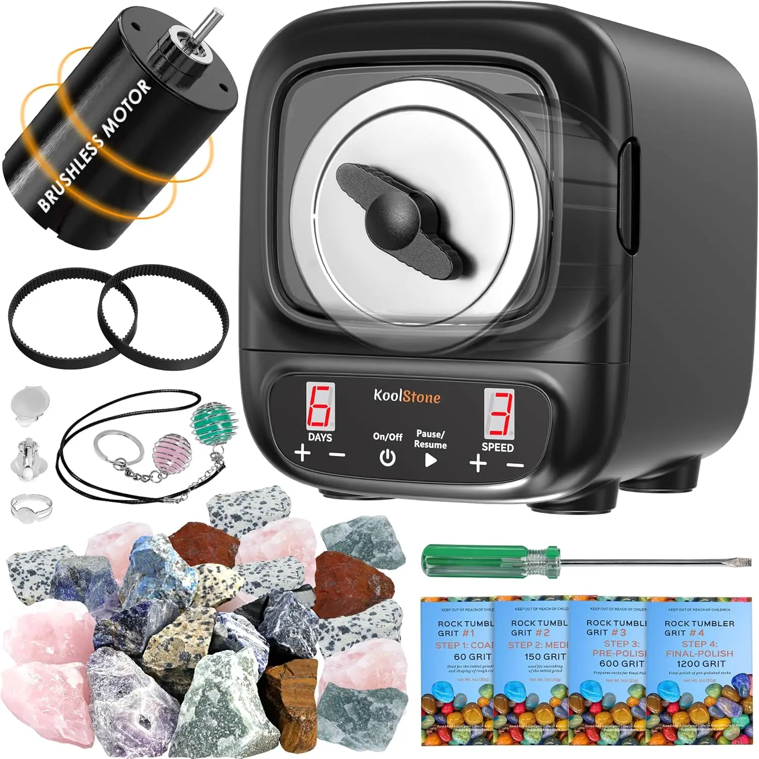

Professional Rock Tumbler Kit: 3LB Capacity, Brushless Motor, Ultra Quiet with Full Accessories for Adults and Kids