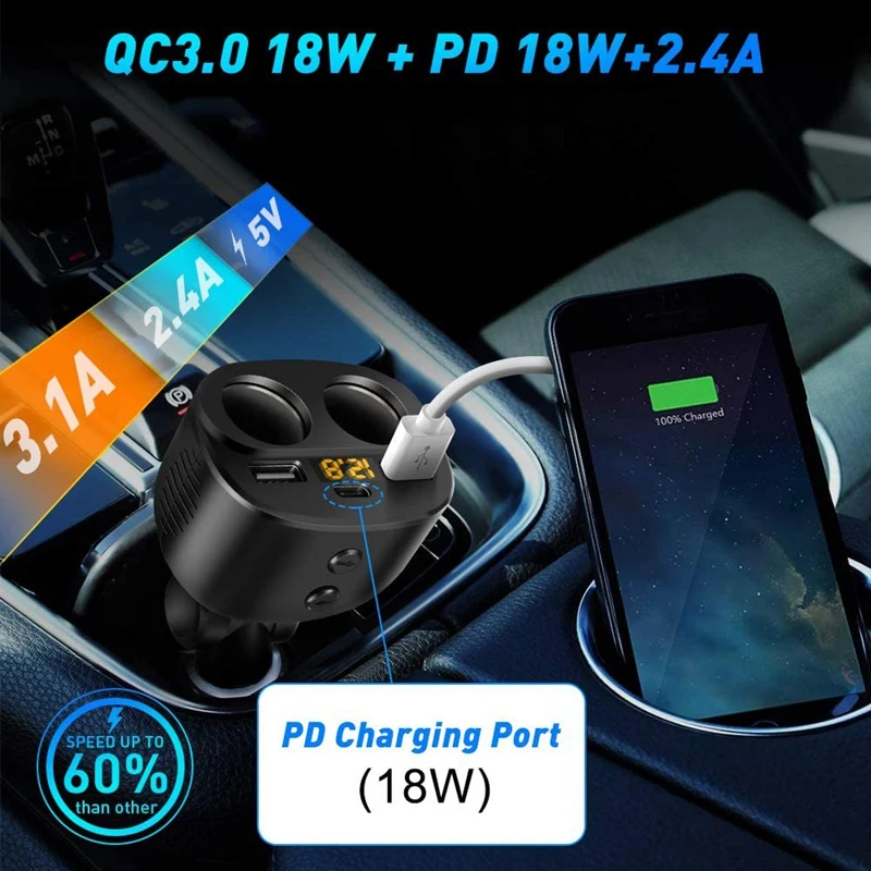 NEW-Car Charger QC 3.0 2 Sockets Splitter Adapter Dual USB PD 18W With LED Voltage Display For Car Phone GPS Dash Cam