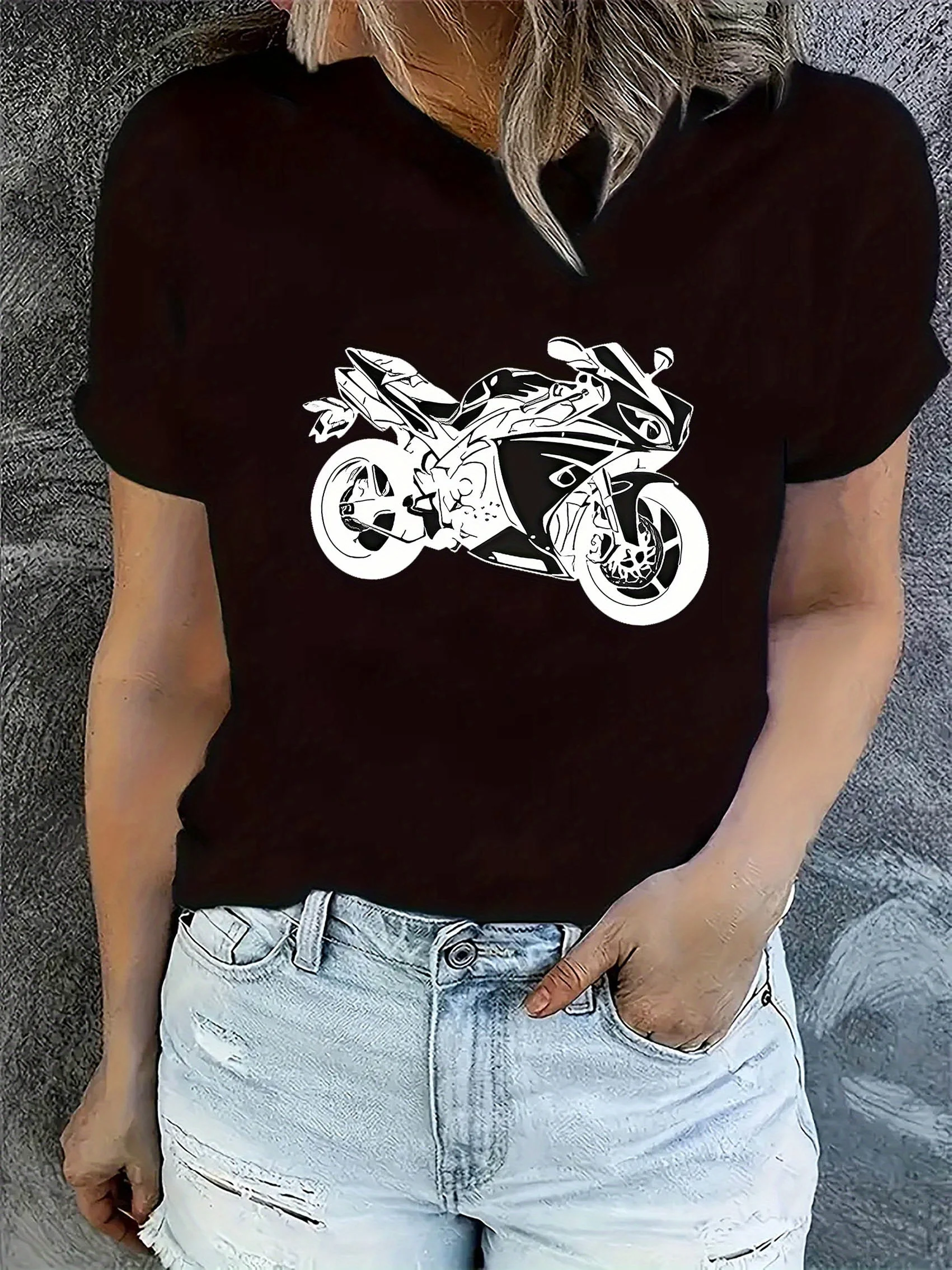 Women'S Casual Crew Neck T-Shirt with Geometric Motorcycle Print Summer Short Sleeved Harajuku Streetwear Tops Tees