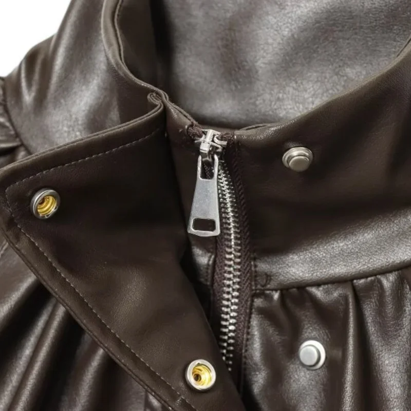 เสื้อแจ็คเก็ตหนังเทียมสไตล์เท่ๆ แฟชั่นมอเตอร์ไซค์ สตรีทแวร์ ย้อนยุค แขนยาว เสื้อคลุมตัวนอก ซิปเรียบง่าย เสื้อคลุมฤดูหนาว