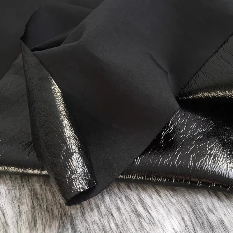 نسيج أسود نقي بو الجلود معطف جلد لامع مصمم النسيج القماش بالجملة بالمتر للخياطة Diy بها بنفسك المواد #5