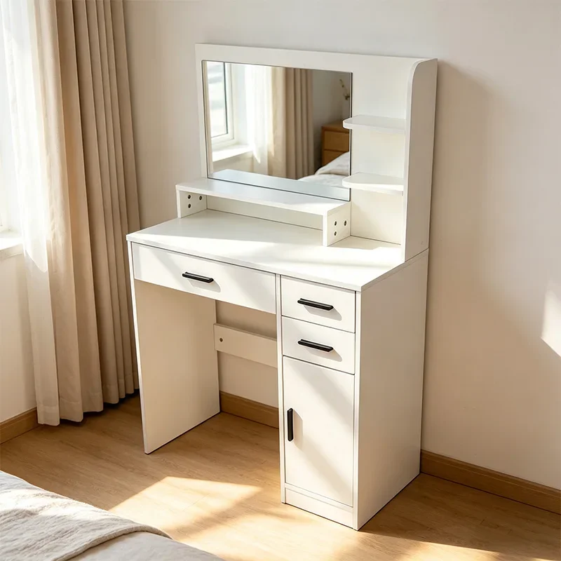 gu-New Arrival Modern White Wood Vanity Desk For Bathroom Makeup Removable 3-Color Lighted Mirror Adjustable Height