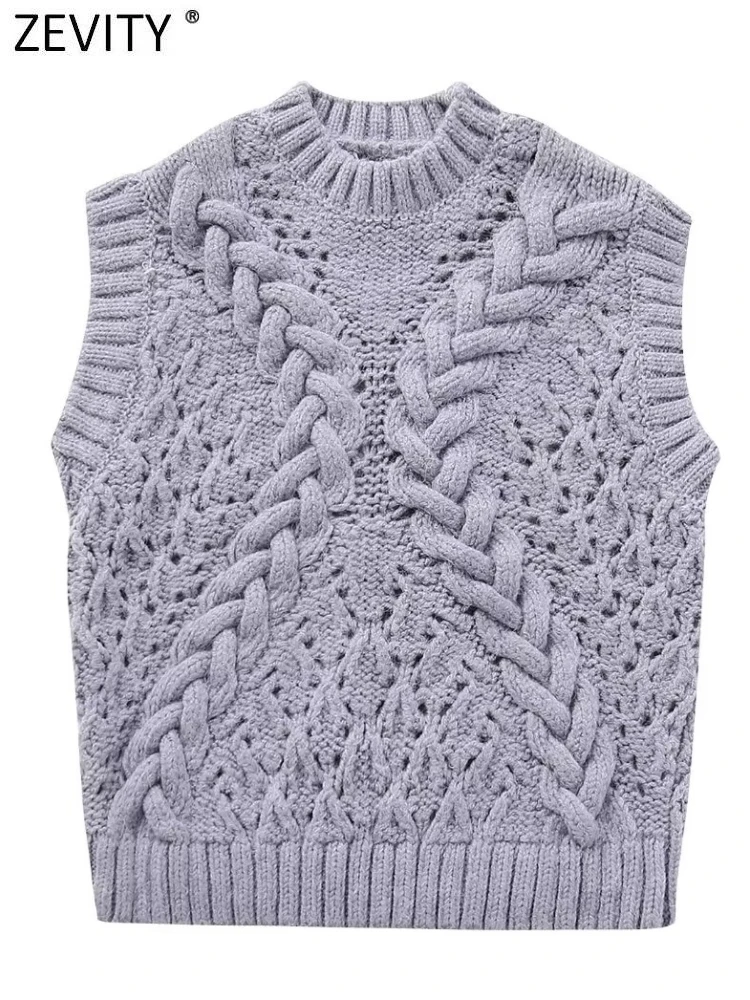 Zevity Women Fashion O Neck Sleeveless Twist Crochet Knitting Vest Sweater Female Chic Hollow Out Waistcoat Pullover Tops SW5464