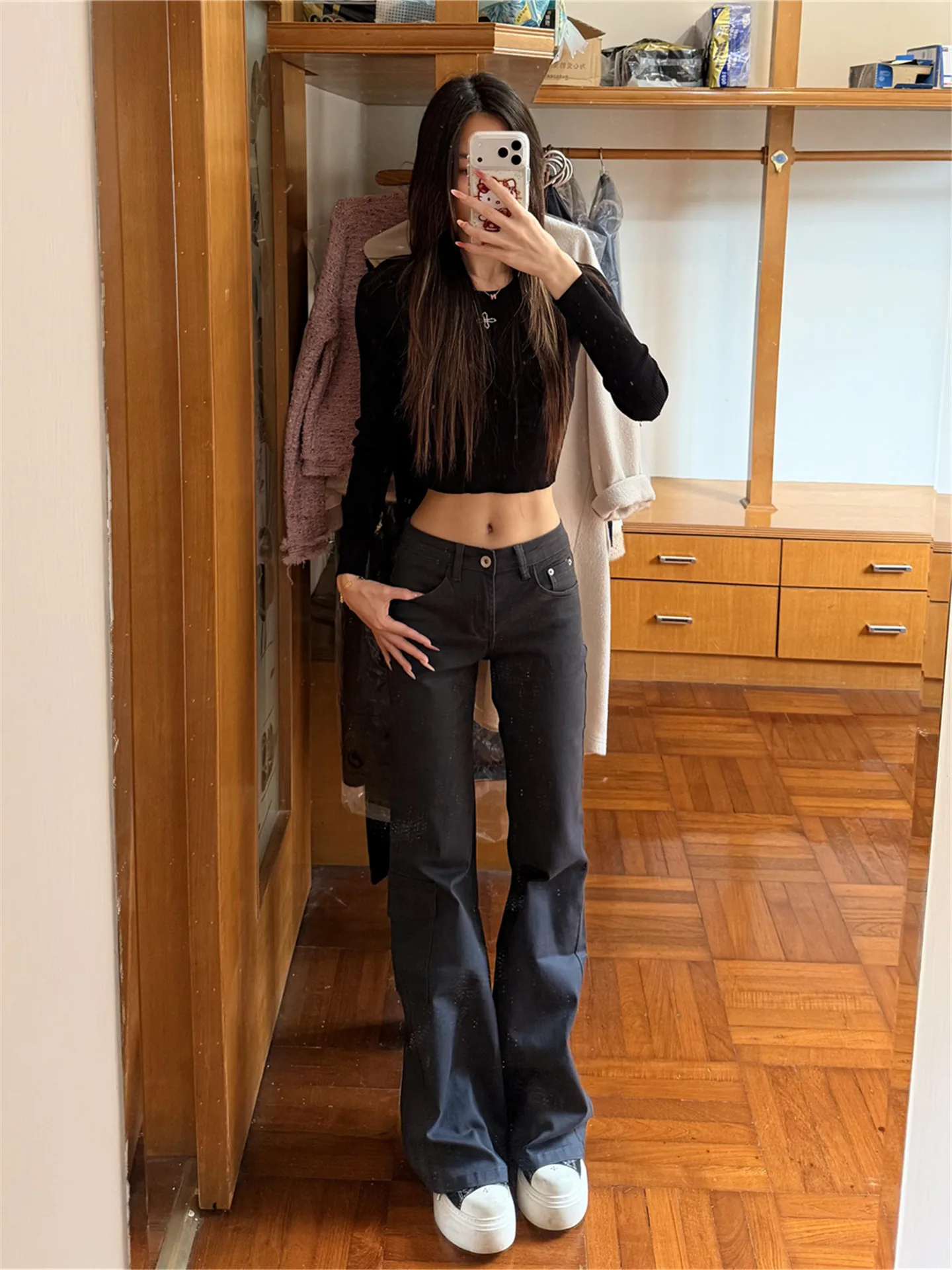 

Джинсы женские с низкой талией в стиле ретро, удлиненные, с эффектом похудения, буткат, с множеством карманов, джинсовые брюки для весеннего сезона