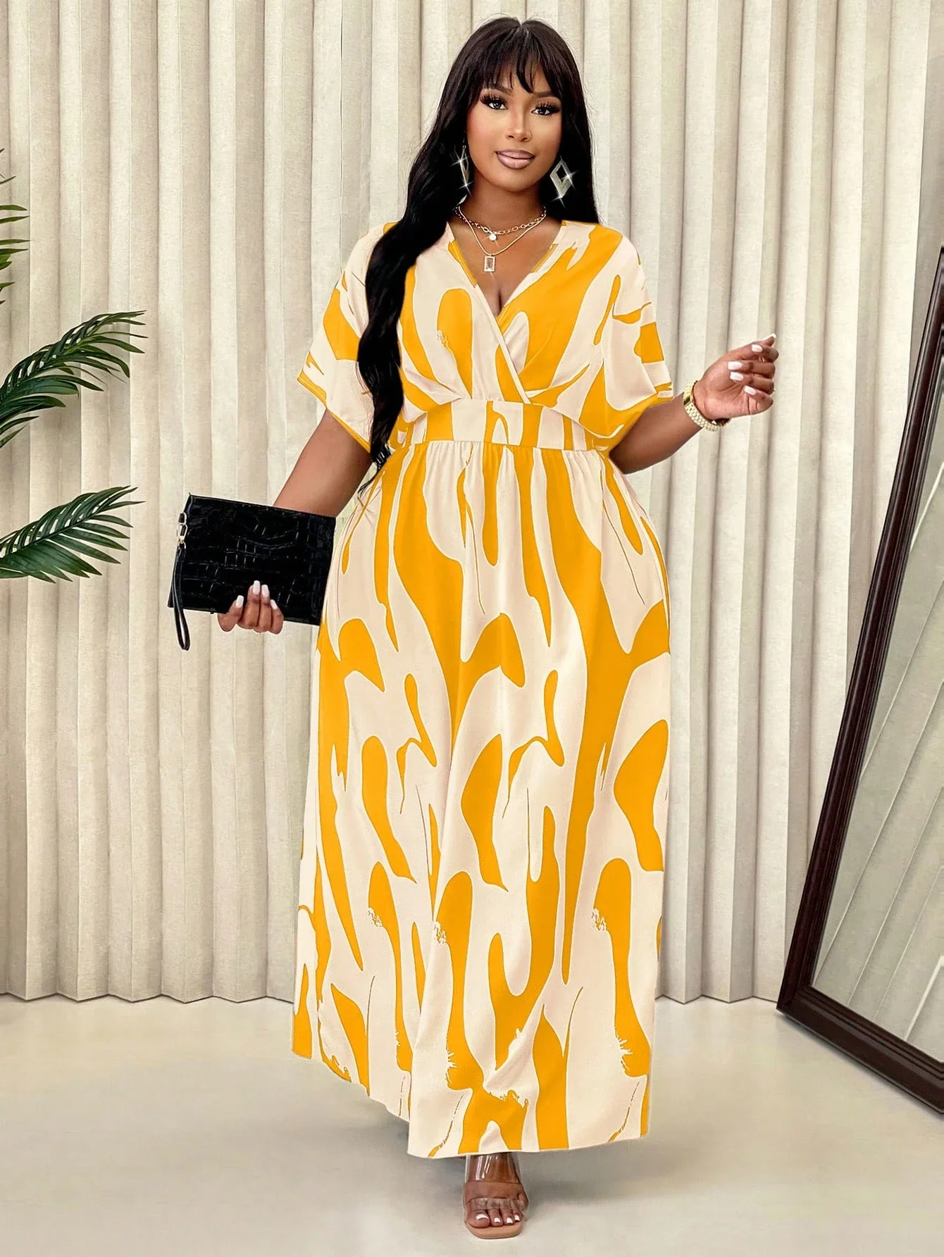 

Wrap Print Maxi Dress With Waist Belt Elegant Casual Party