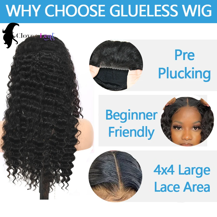 24inch Glueless Wigs Human Hair Deep Wave Wigs 100% Human Hair Ready To Wear 4x4 Curly Wig Brazilian Transparent Lace Front Wigs