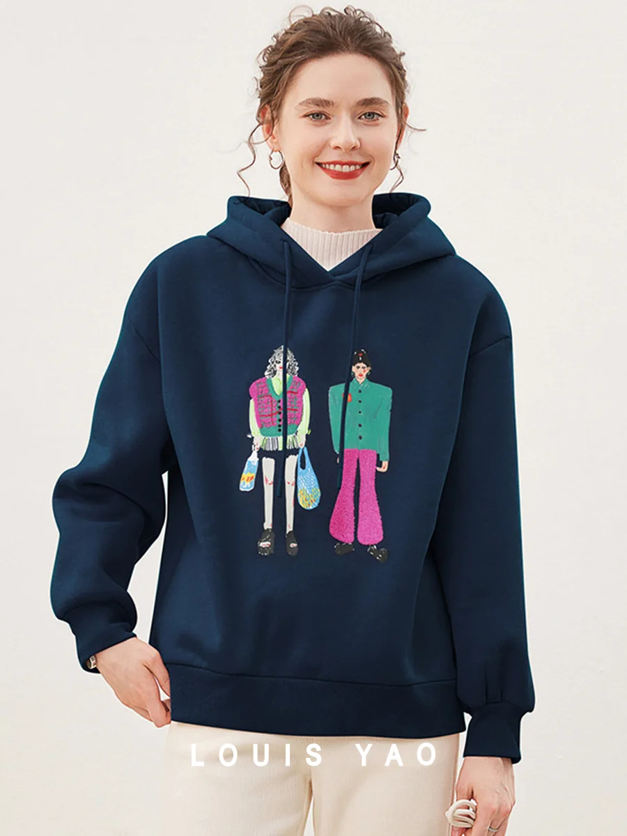 LOUIS YAO 2024 Winter Collection with Velvet Thickened Hoodie Women's Hoodie Cartoon Character Pattern Long Sleeve Top