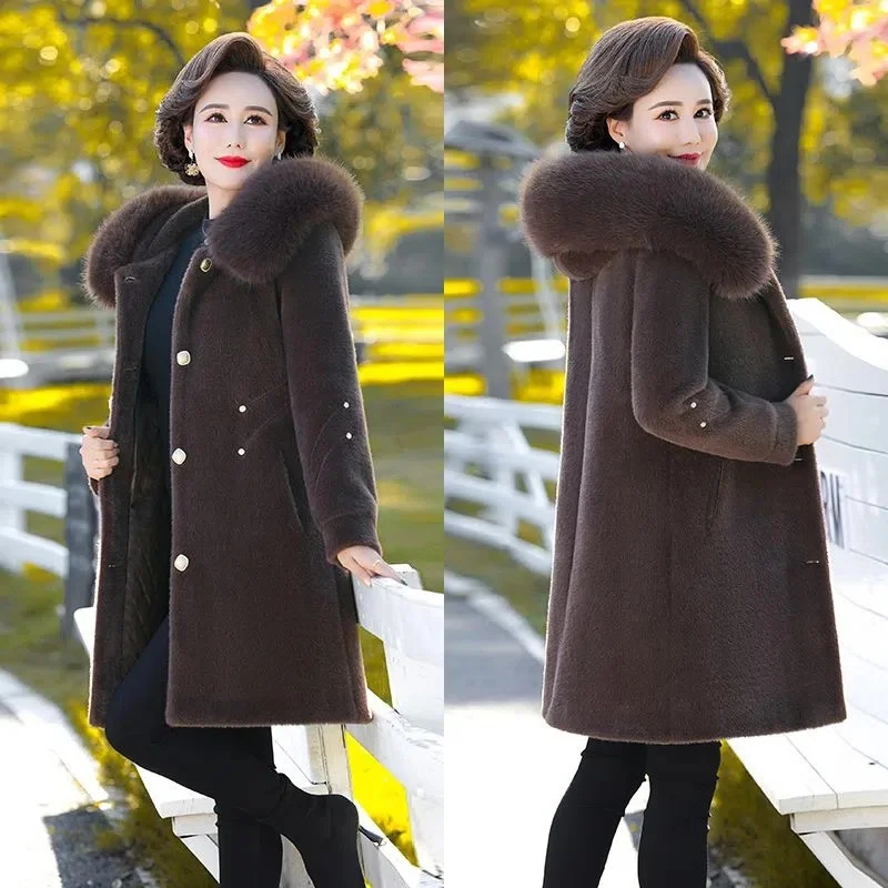 Vintage Mother's Winter Woolen Coat Long 2023 New Mid-Elderly Women's Winter Mink Velvet Coat Imitation Fur Coat Female Autumn