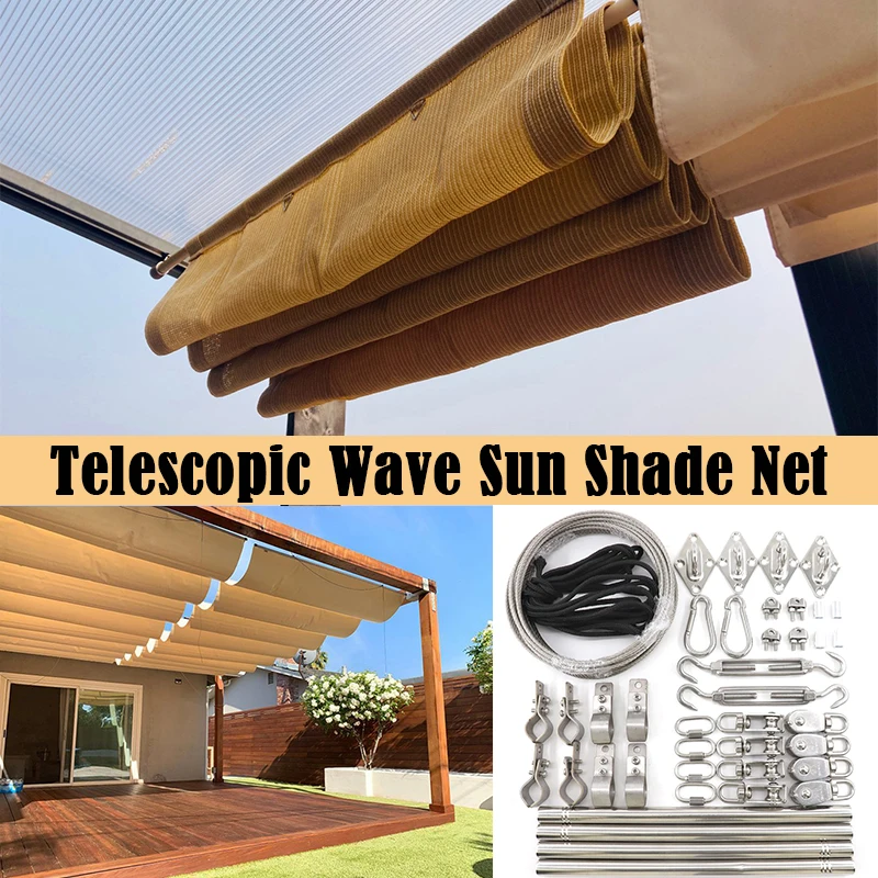 Toldo ao ar livre telescópico Bege Wave Sunshade Net Terraço Pérgola Sun Canopy Piscina Retrátil Shading Sail