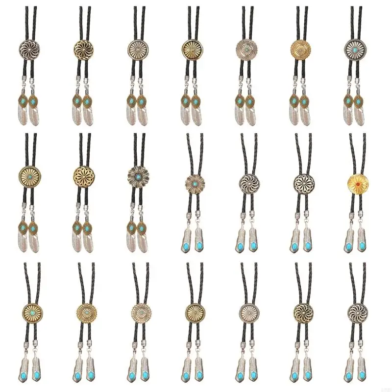 

49ME Men Antique Carving Flower Feathered Pendant Bolo Tie Leather Rope Necktie Necklace Shirt Collar Chain Jewelry Neckwear