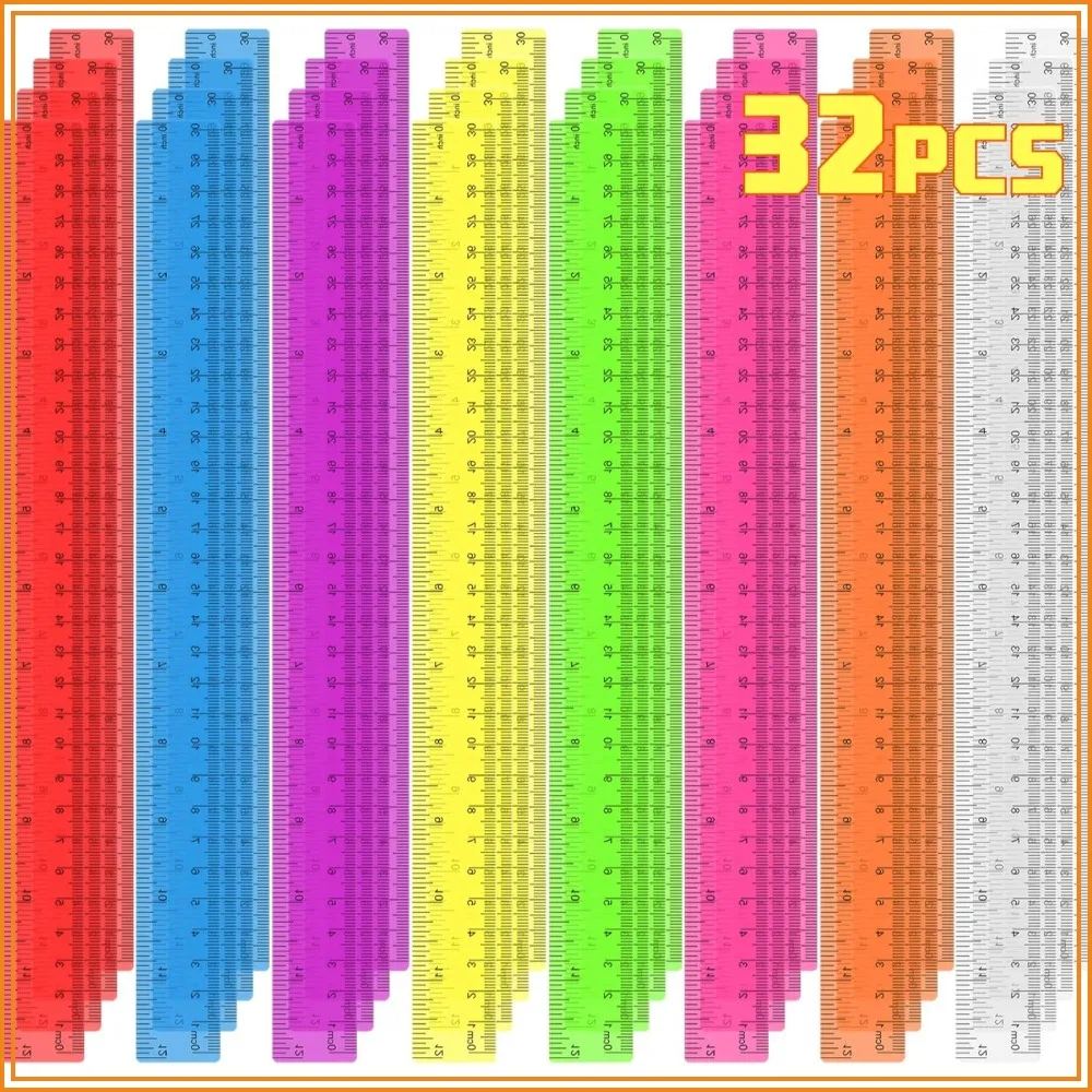 32 Pack Clear Plastic Rulers 12 Inch, Bulk for Classroom, Assorted Colors, Inches & Centimeters, School Supplies