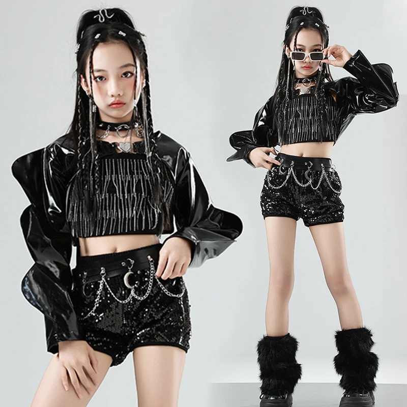 

Одежда для джазовых танцев 2024, одежда для подиума и выступлений, сценический костюм Kpop, черный жилет, шорты, детский джазовый наряд VDL4625